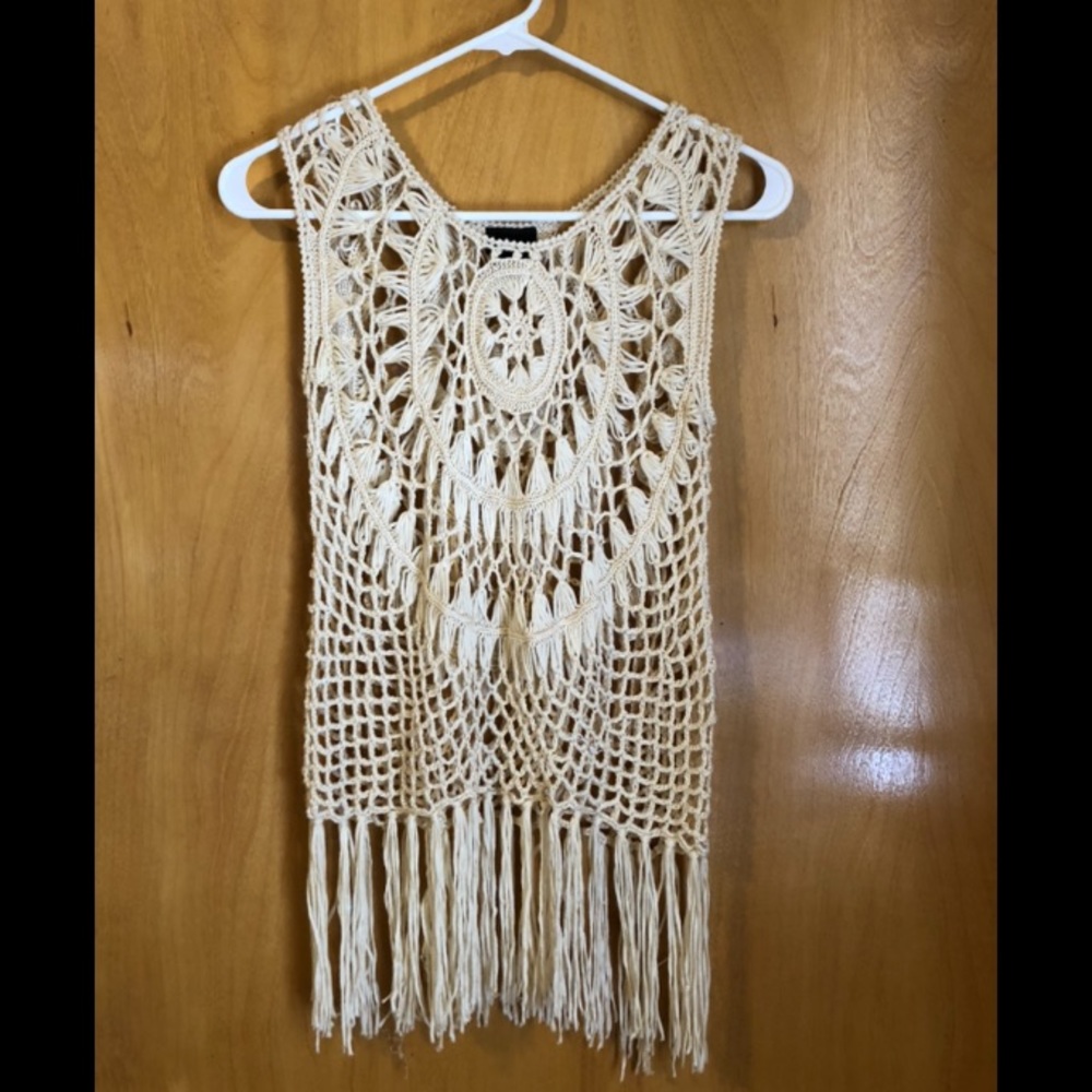 Rue21 ivory crochet + fringe top